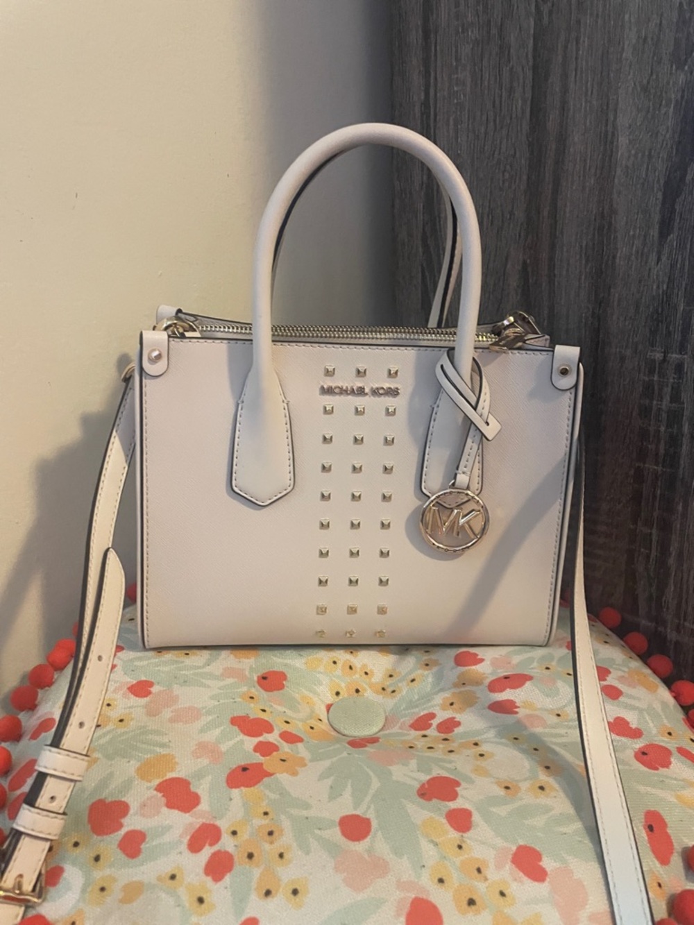 Michael Kors White Studded Mini Satchel with Gold Hardware